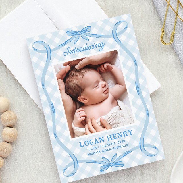 Sweet Blue Gingham Ribbon Bow Birth Announcement Inbjudningar (Skapare uppladdad)