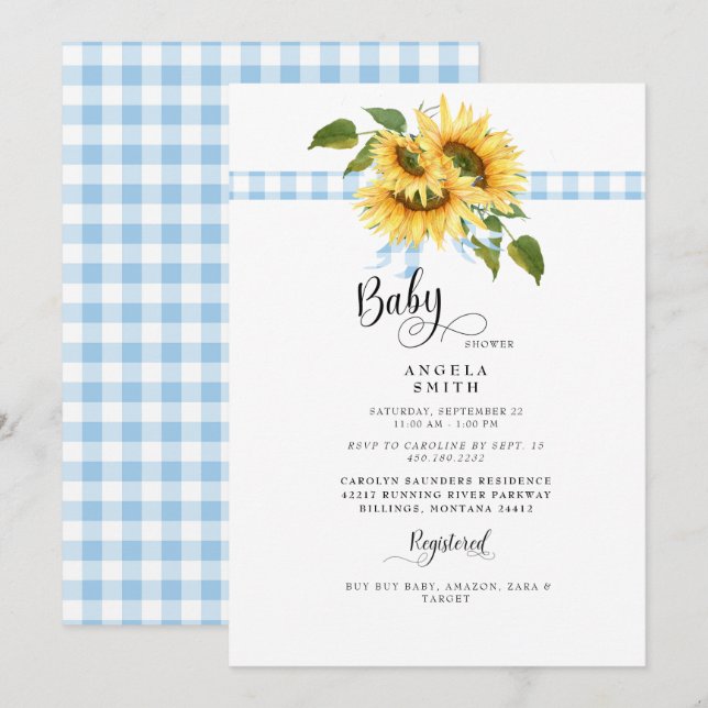 Sweet Blue Gingham Sunsun Baby Shower II Inbjudningar (Fram/baksida)