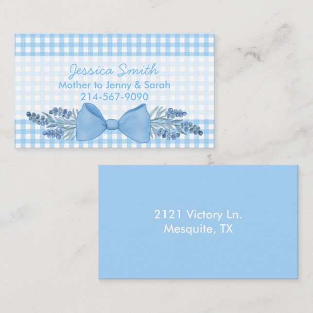 Sweet Blue Gingham with Flowers and Bow Mamma (Fram/baksida)