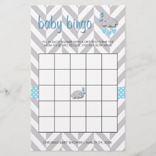 Sweet Blue och Grått Elephant Baby Shower Bingo Brevpapper