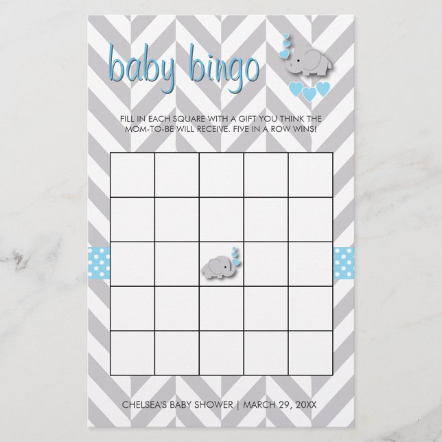 Sweet Blue och Grått Elephant Baby Shower Bingo Brevpapper (Framsida)