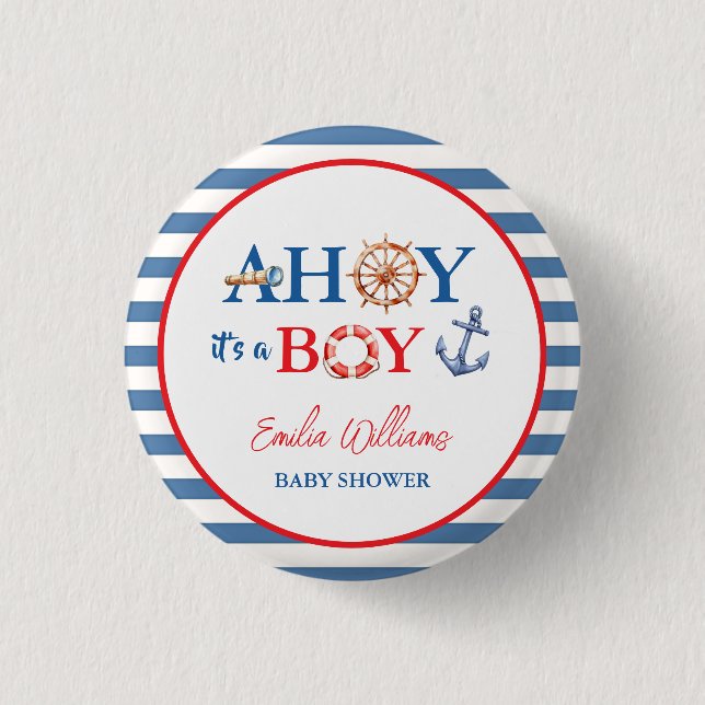 Sweet Blue Red Nautical Ahoy Boy Baby Shower Knapp (Framsida)