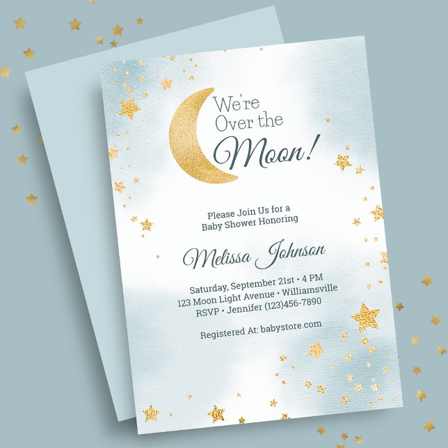 Sweet Blue Vi är över Måne Boy Baby Shower Inbjudningar (Sweet Blue We're Over the Moon Boy Baby Shower Invitation)
