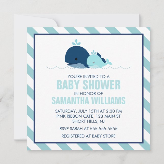 Sweet Blue Whales Boy Baby Shower Inbjudningar (Framsida)