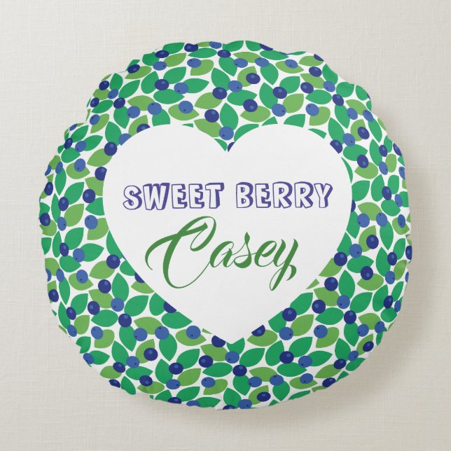 Sweet Blueberries Modern Pattern Blue Green. Rund Kudde (Framsidan)