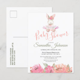 Sweet Boho Bunny Söt Rosa Blommigt Baby Shower Inbjudan Vykort
