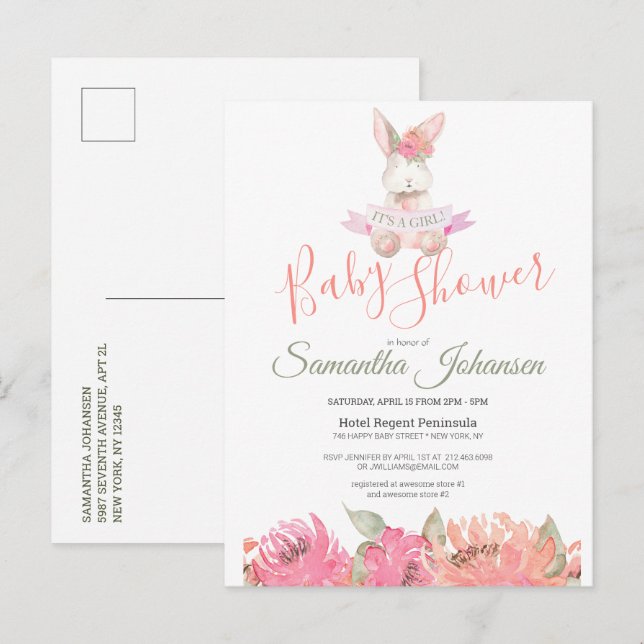 Sweet Boho Bunny Söt Rosa Blommigt Baby Shower Inbjudan Vykort (Fram/baksida)
