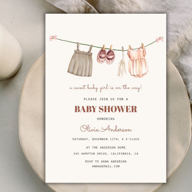 Sweet Boho Clothesline Girl Shower Inbjudningar (Sweet Boho Clothesline Girl Baby Shower Invitation)