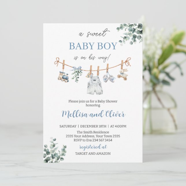 Sweet Boho Neutral Clothesline Boy Baby Shower Inbjudningar (Stående Fram)