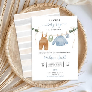 Sweet Boho Neutralt Clothesline Boy Shower Inbjudningar