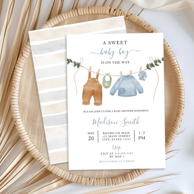 Sweet Boho Neutralt Clothesline Boy Shower Inbjudningar (Skapare uppladdad)