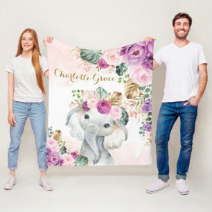Sweet Boho Tropical Elephant Lila Blommigt Fleecefilt