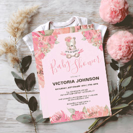 Sweet Boho Watercolor Blommigt Bear Woodland Baby Inbjudningar
