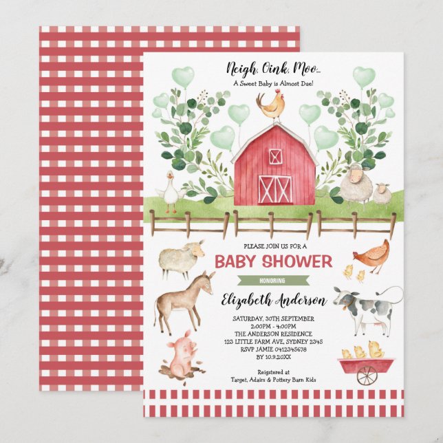 Sweet Boskap Barnyard Baby Shower Inbjudningar (Fram/baksida)