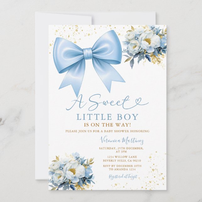 Sweet Boy Blue Bow Coquette Baby Shower Floral Inbjudningar (Framsida)