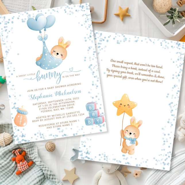 Sweet Boy Bunny med Bok Request Baby Shower Inbjudningar (Boy Rabbit Sweet Little Bunny Book Request Baby Shower Invitation)