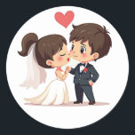 Sweet Bröllop Kiss Sticker Runt Klistermärke<br><div class="desc">Ett par på sin bröllopsdag har en underbar tecknad som utbyter en anbudskyss,  perfekt för att fira kärlek och giftermål.</div>