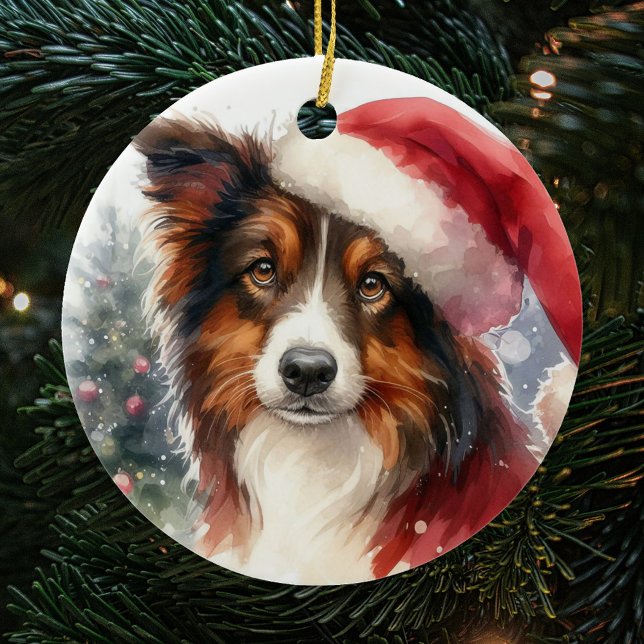 Sweet Brown Gräns Collie Santa Hat jul Julgransprydnad Keramik (Skapare uppladdad)