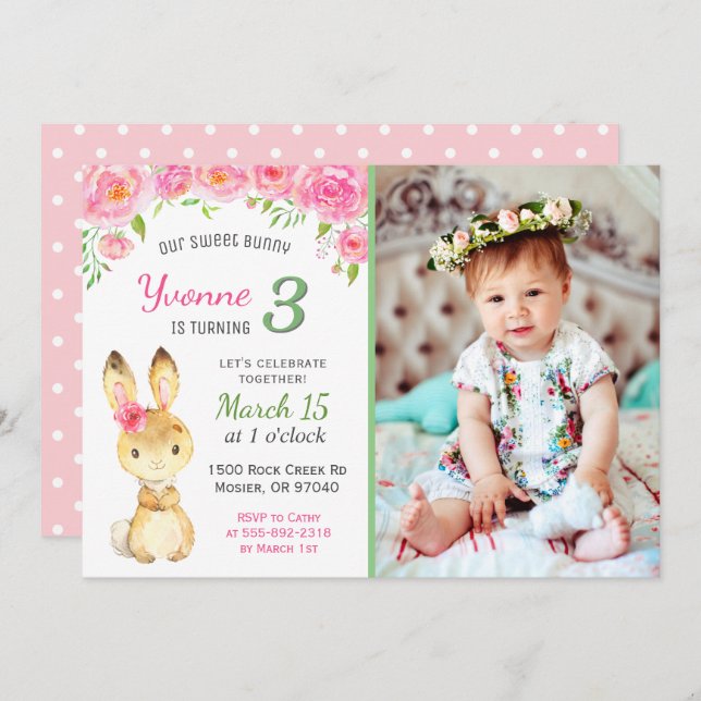 Sweet Bunny Blommigt Rosa Girl Födelsedagsfest Pho Inbjudningar (Fram/baksida)