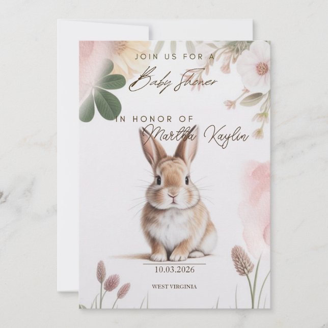 Sweet Bunny Floral Baby Shower Invitation Editable Inbjudningar (Framsida)