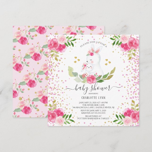 Sweet Bunny Girls Baby Shower Inbjudningar (Fram/baksida)