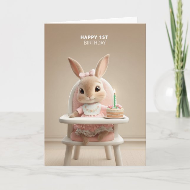 Sweet Bunny in High Chair w/ First Birthday Cake Kort (Framsida)
