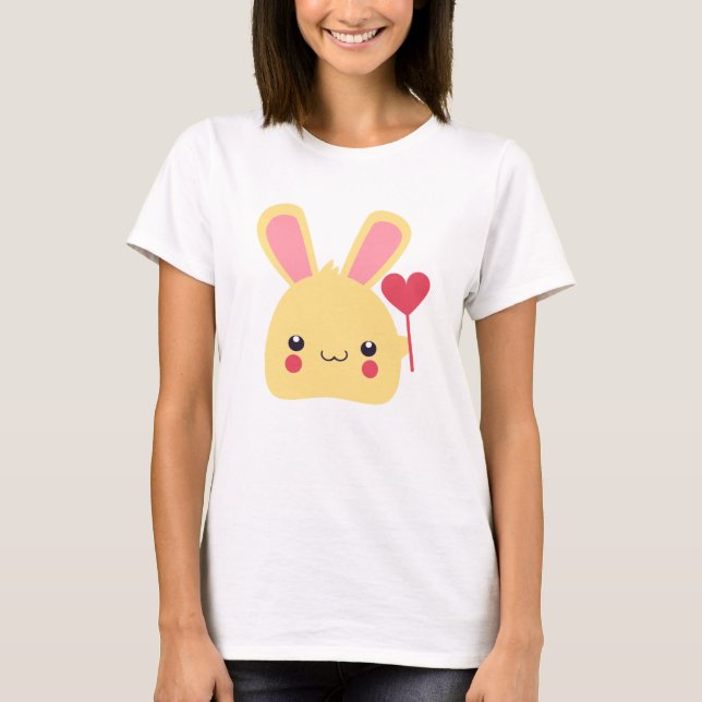 Sweet Bunny Rabbit Ansikte Holding a Heart på en S Tee Shirt (Framsida)