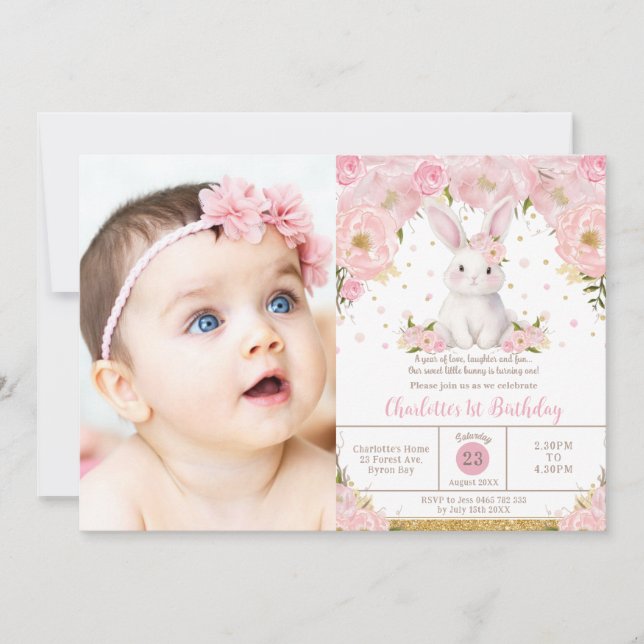 Sweet Bunny Rabbit Pink 1st 2nd 3rd Birthday Photo Inbjudningar (Framsida)