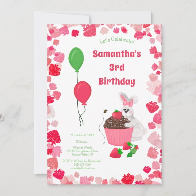 Sweet Bunny & Strawberry Cuptårta Girl's Birthday Inbjudningar (Framsida)