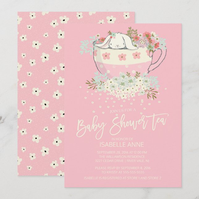 Sweet Bunny Tea Rosa Girls Baby Shower-inbjudninga Inbjudningar (Fram/baksida)