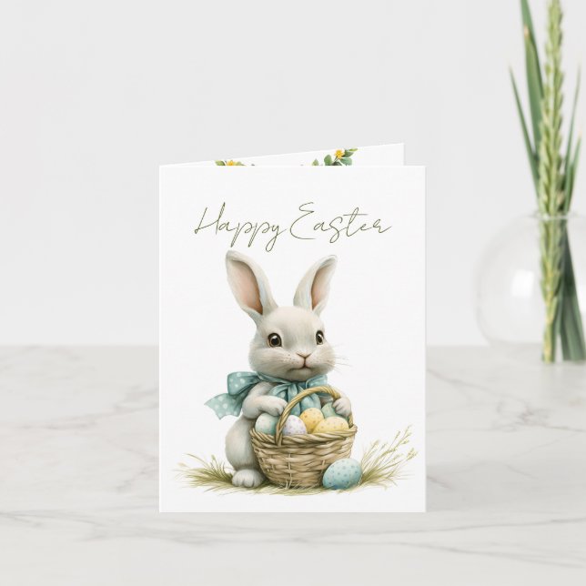 Sweet Bunny Watercolor Blommigt Påsk Helgkort (Framsida)