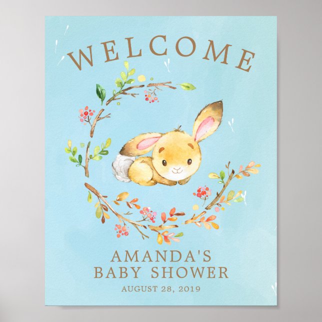 Sweet Bunny Welcome Boys Baby Shower Poster (Framsidan)