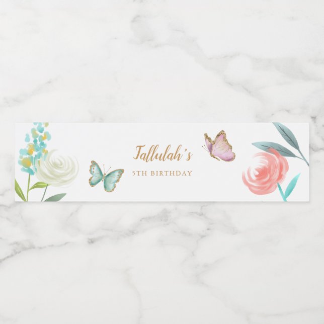 Sweet Butterfly Garden Girl Födelsedagsfest Vattenflaskor Etikett (Singel etikett)