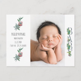 Sweet Cactus Baby Birth Photo Announcement Vykort