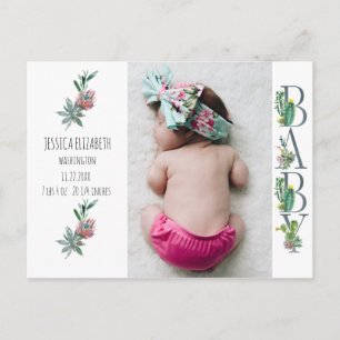 Sweet Cactus Neutralt Baby Birth Photo Anouncement Vykort