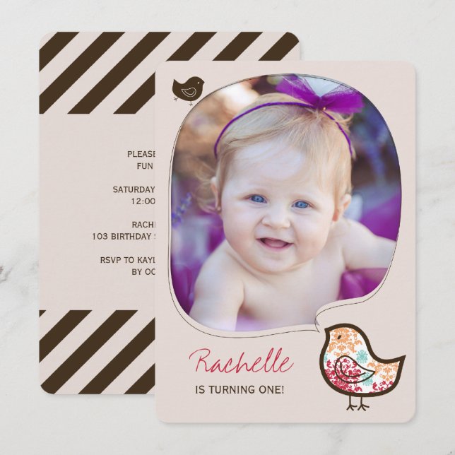 Sweet Candy Damask Chick Girl 1:a Birthday Inbjuda Inbjudningar (Fram/baksida)