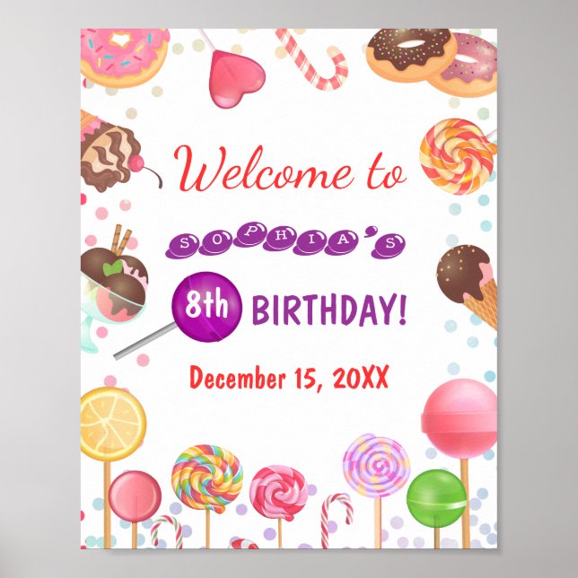 Sweet Candy Land Birthday Ice Cream Donut Välkomme Poster (Framsidan)