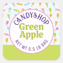 Sweet Candy Shop och Ice Cream Grönt Sticker Label Fyrkantigt Klistermärke