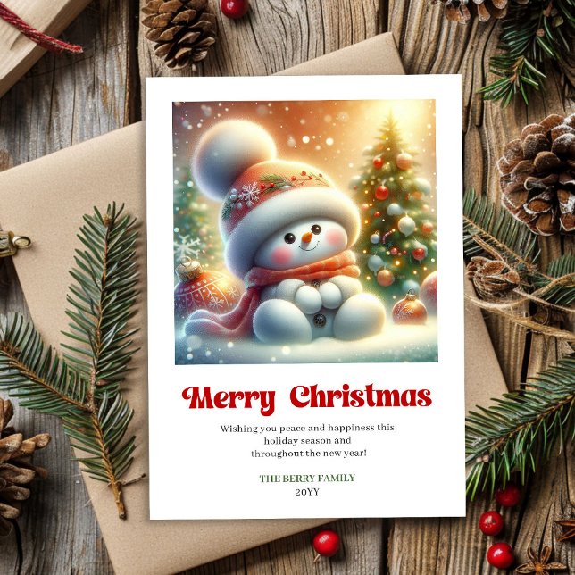 Sweet cartoon snowman festive red green gold card julkort (Sweet cartoon snowman festive red green gold digital)