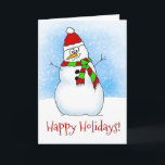 Sweet Cartoon Snowman Happy Holidays Helgkort<br><div class="desc">A sweet cartoon snowman Christmas card wishing you Happy Holidays. Cartoon snowman is hand drawn,  wearing a scarf and a red santa hat. Background contains a light blue snowy sky.</div>