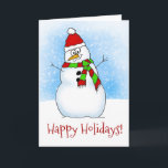 Sweet Cartoon Snowman Happy Holidays Helgkort<br><div class="desc">A sweet cartoon snowman Christmas card wishing you Happy Holidays. Cartoon snowman is hand drawn,  wearing a scarf and a red santa hat. Background contains a light blue snowy sky.</div>