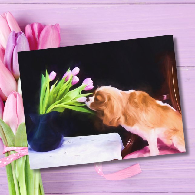 Sweet Cavalier Kung Charles & Rosa Tulips Vykort (Skapare uppladdad)