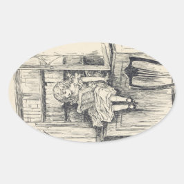 Sweet Charming Vintage Little Girl Reading Bok Ovalt Klistermärke