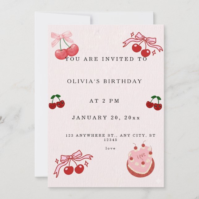 Sweet Cherry Birthday Invitation | Cute Pink Girl  Inbjudningar (Framsida)