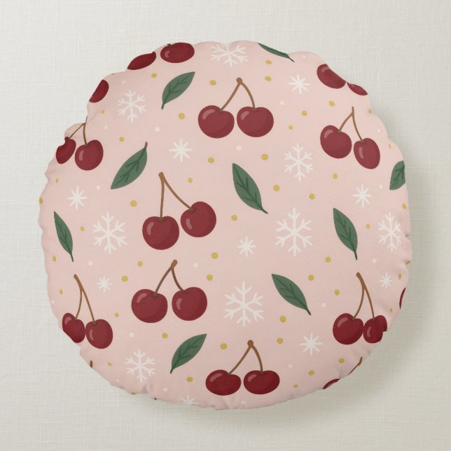 🍒🌸Sweet Cherry Blush Snow Collection Rund Kudde (Framsidan)