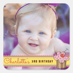 Sweet Cherry Cuptårta Girl's Birthday Photo Sticke Fyrkantigt Klistermärke