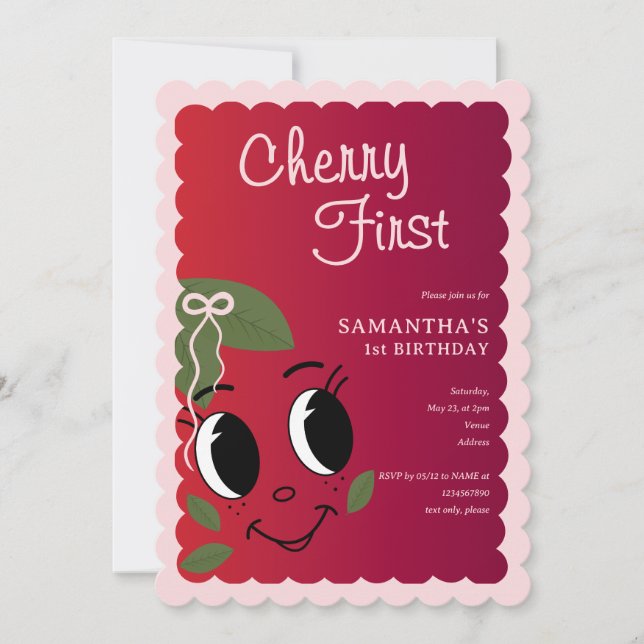 Sweet Cherry First Girl Cute Tecknad 1:a födelseda Inbjudningar (Framsida)