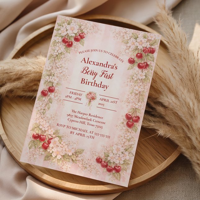 Sweet Cherry Floral First Birthday 1st Birthday Inbjudningar (Skapare uppladdad)