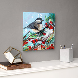 Sweet Chickadee Bird Painting Wall Décor Fyrkantig Klocka