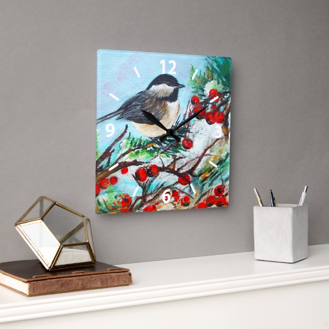 Sweet Chickadee Bird Painting Wall Décor Fyrkantig Klocka (Sweet Chickadee Bird Painting Wall Décor Square Wall Clock from Jenn's Emporium. )